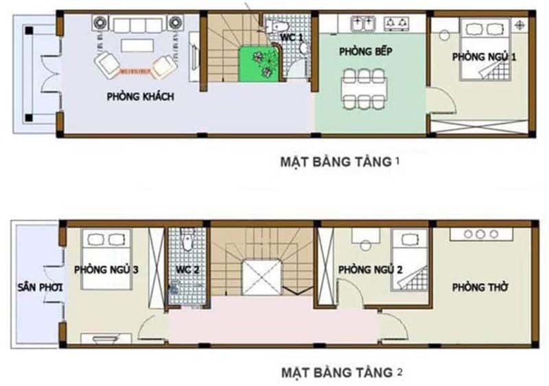bản vẽ công năng nhà ống 2 tầng 3 phòng ngủ 1 phòng thờ
