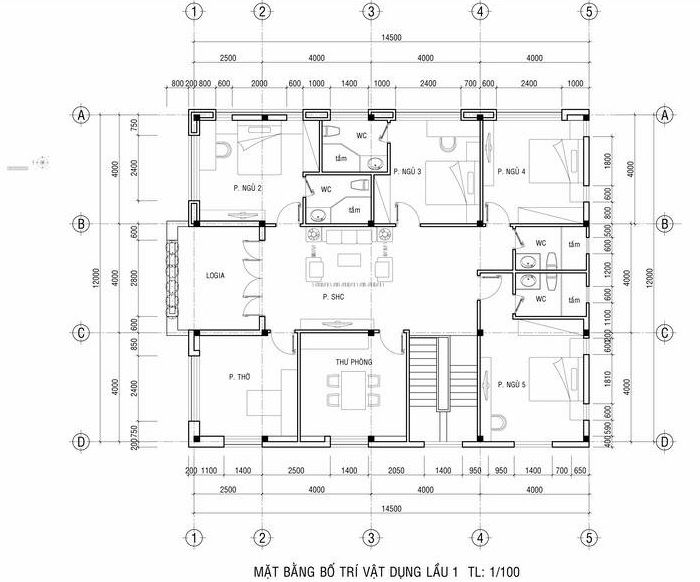 bản vẻ mặt bằng công năng tầng lầu biệt thự vườn 2 tầng mái thái 11x14m