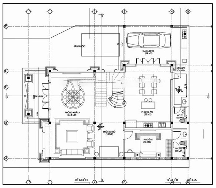 Bản vẽ công năng tầng trệt biệt thự tân cổ điển 2 tầng 10x15m