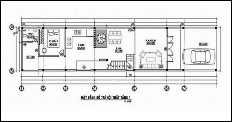 Bản vẽ không gian mặt bằng bên trong mẫu thiết kế nhà 1 trệt 1 lầu 5x30m