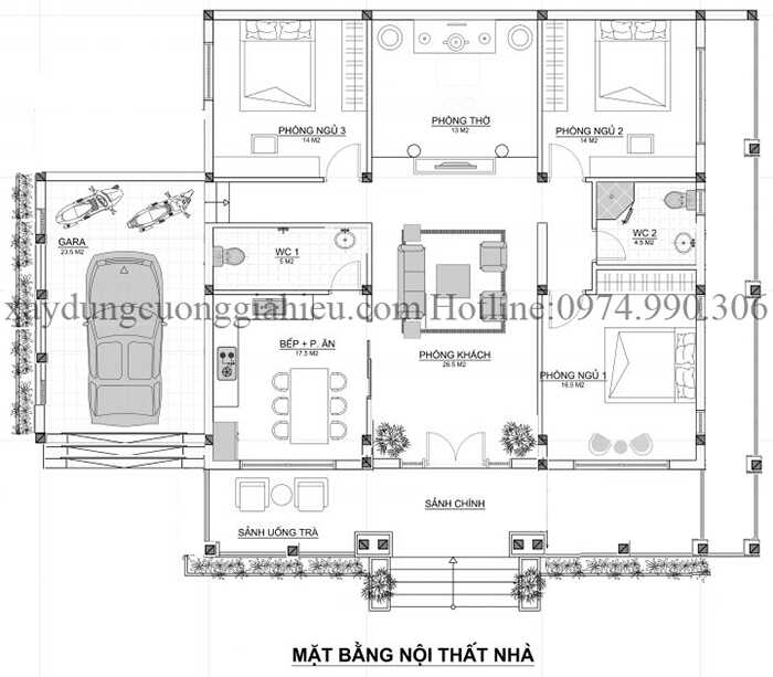 Bản vẽ mặt bằng biệt thự vườn 1 tầng 15x20m