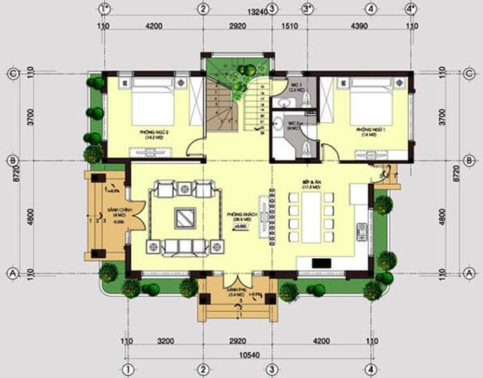 Bản vẽ mặt bằng tầng một biệt thự nhà vườn 2 tầng 10x14m 
