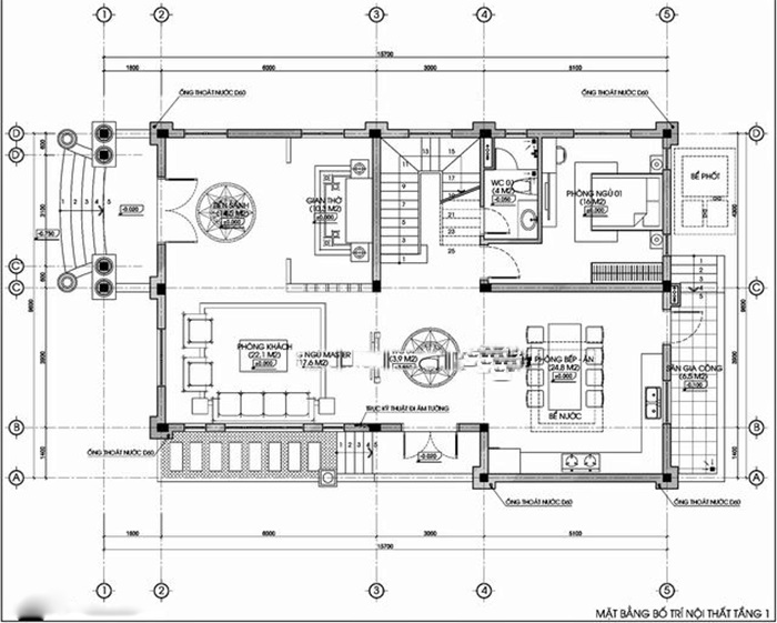 Bản vẽ mặt bằng tầng một biệt thự tân cổ điển 3 tầng 150m2 