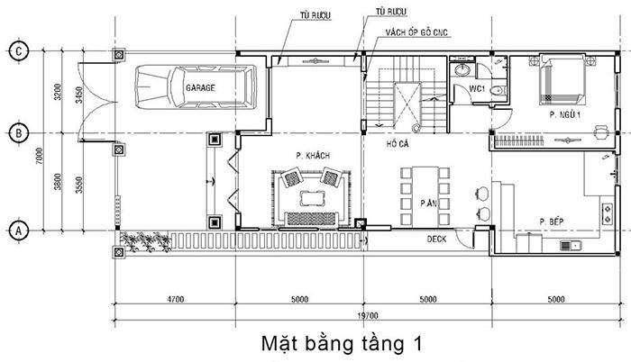 Bản vẽ mặt bằng tầng một biệt thự tân cổ điển 3 tầng 8x20m