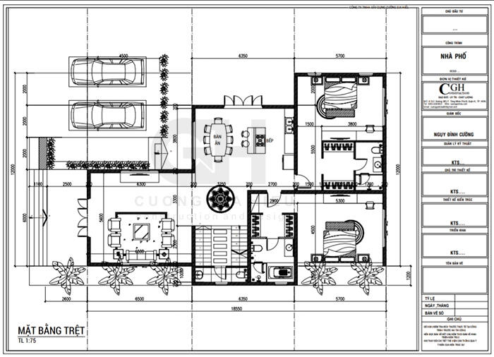 Bản vẽ mặt bằng tầng trệt biệt thự nhà vườn 2 tầng 12x18m