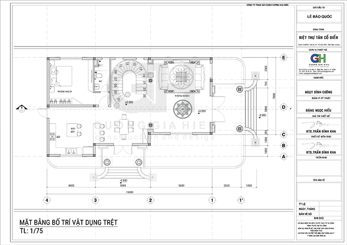 Bản vẽ mặt bằng tầng trệt biệt thự tân cổ điển 2 tầng 9x15m