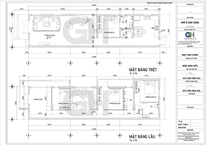 Bản vẽ mặt bằng tầng trệt lầu một nhà 2 tầng 1 tum 5x20