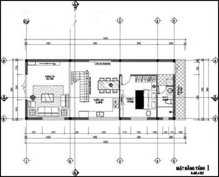 Bản vẽ thiết kế nhà ống 1 tầng 5x14m chi tiết