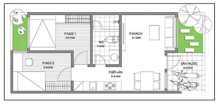 Bản vẽ công năng mẫu thiết kế nhà ống 1 tầng 60m2