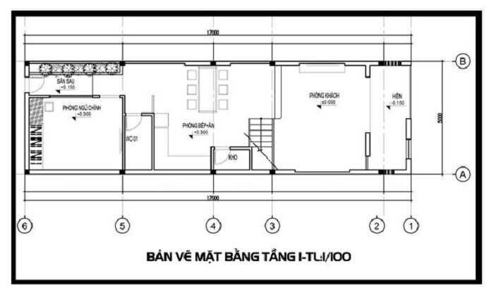 Bản vẽ công năng mẫu nhà 1 trệt 1 lầu 5x17 chi tiết