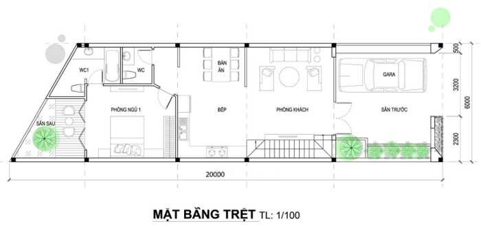 Bản vẽ mặt bằng công năng mẫu nhà đẹp 2 tầng 6x20