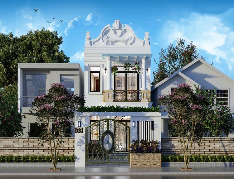 Phối cảnh mặt tiền mẫu thiết kế nhà 1 trệt 1 lầu 5x30m đẹp tiện nghi