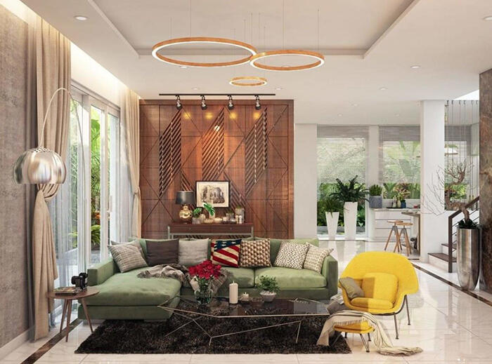 Thiết kế phòng khách biệt thự nhà vườn 2 tầng 12x18m