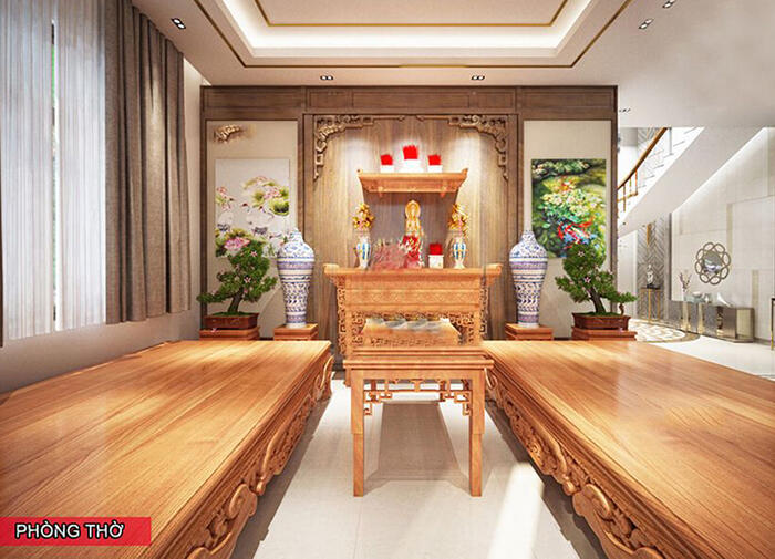 Thiết kế phòng thờ biệt thự nhà vườn 2 tầng 10x14m